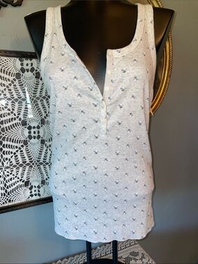 aerie Light Gray Ribbed Henley Tank with Tiny Floral Print